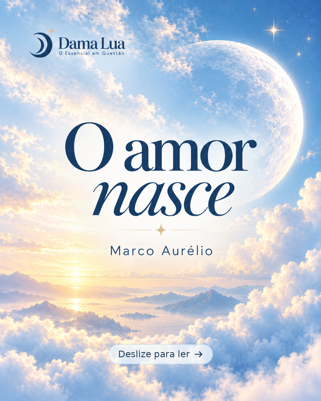 Capa do poema O amor nasce, com lua, nuvens, título e logomarca Dama Lua.