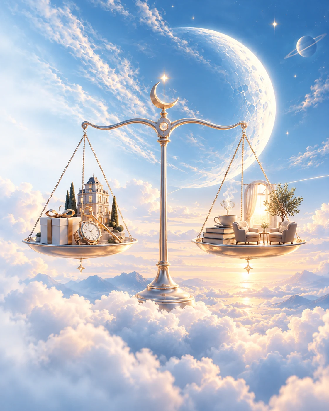 Balança celestial com objetos de conquistas materiais de um lado e cenas de descanso, leitura e convivência do outro.
